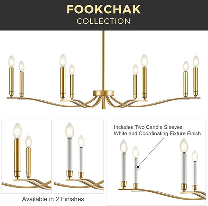 Gold Chandeliers for Dining Room, 8-Light Brass Chandelier Light Fixture Over Table Modern Candle Chandelier 44in Master Bedroom Chandeliers Lighting for Entry Foyer Bathtub Living Room