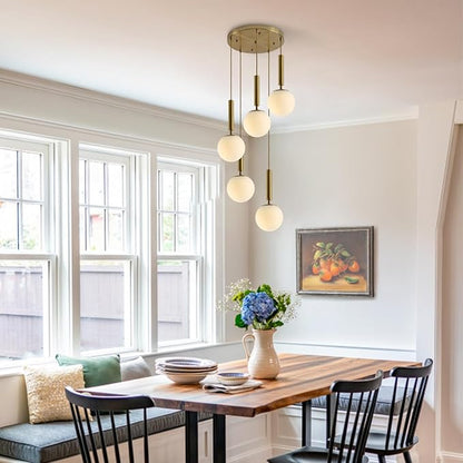 KCO Lighting 5 Light Globe Chandelier Gold Cluster Pendant Light Fixture Modern Milk Glass Chandelier Large Round Kitchen Island Pendant Lighting Contemporary Chandeliers for Foyer Entryway