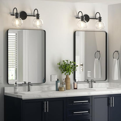 Bathroom Vanity Light Fixtures, Modern 2 Lights Vanity Lighting Fixture Matte Black, Farmhouse Metal Wall Lamp with Globe Glass Shade, Porch Wall Mount Light Fixture for Mirror Cabinets