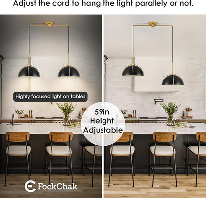 Black Dome Pendant Light 2 Light Socket Large Pendant Light Fixture with Adjustable Pendant Cord Black Gold Pendant Lighting for Kitchen Island Dining Room Kitchen Sink