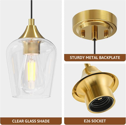 VONLUCE Pendant Light Kitchen Island, Brushed Gold Pendant Light Fixture with E26 Base & Adjustable Cable, Modern Pendant Lighting with Glass Shade for Living Room Bedroom Hallway