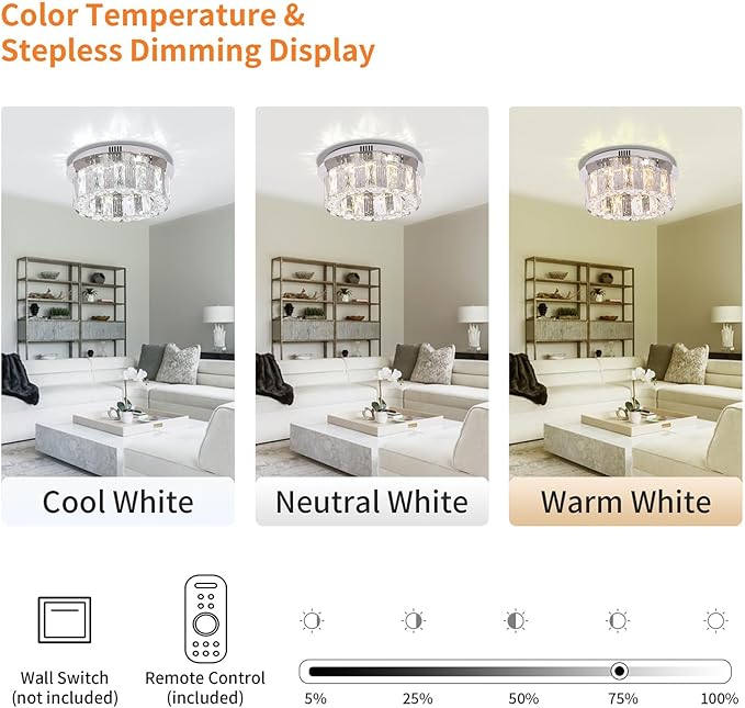 11.8" Dimmable Crystal Chandelier Modern LED Flush Mount Mini Ceiling Light Fixtures with Remote Control Crystal Round Chandeliers Light for Hallway Bedroom Kitchen