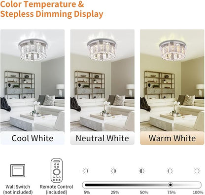 11.8" Dimmable Crystal Chandelier Modern LED Flush Mount Mini Ceiling Light Fixtures with Remote Control Crystal Round Chandeliers Light for Hallway Bedroom Kitchen