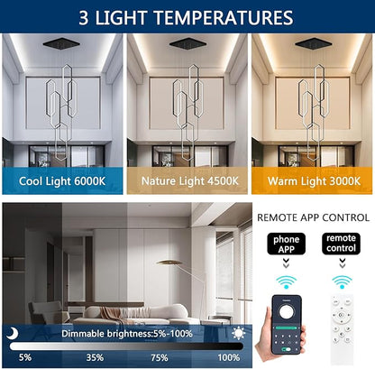 6-Rings Chandelier Modern, Black Contemporary LED Light for Living Room Entrance, Dimmable Flush Mount High Ceiling Chandeliers with Remote Control for Villa Foyer