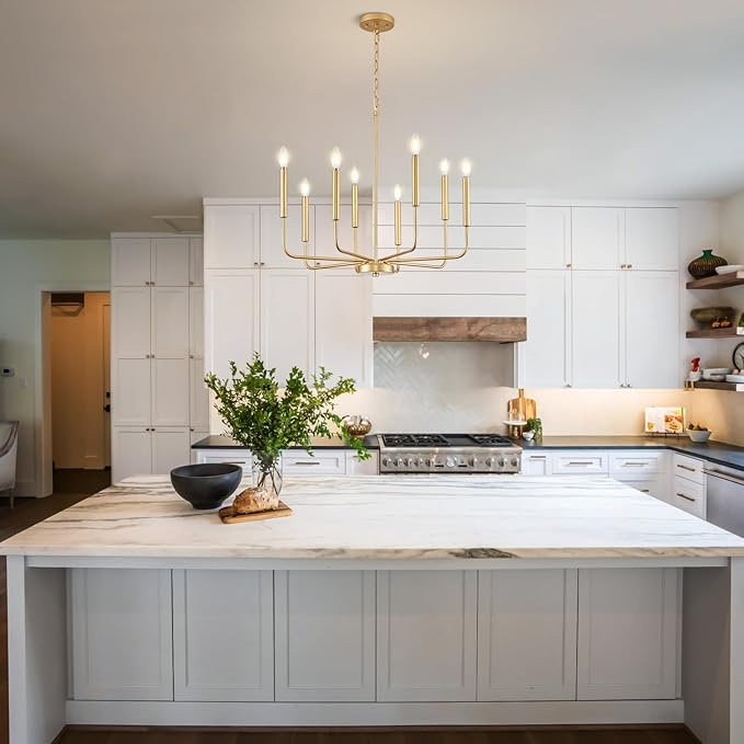 Modern Gold Chandelier for Dining Room,Metal 8-Light Kitchen Light Fixtures, Farmhouse Candle Hanging Pendant Light for Living Room Entryway Foyer Bedroom (Bulbs Not Included)