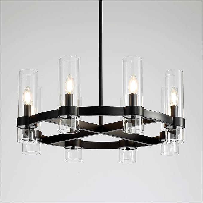 26 Inch Black Cross Wagon Wheel Chandelier with Glass Shades, 8 Lights X-Frame Farmhouse Chandelier, Modern Rustic Pendant Light for Dining Room, Kitchen Island, Entryway