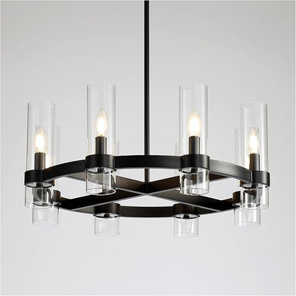 26 Inch Black Cross Wagon Wheel Chandelier with Glass Shades, 8 Lights X-Frame Farmhouse Chandelier, Modern Rustic Pendant Light for Dining Room, Kitchen Island, Entryway