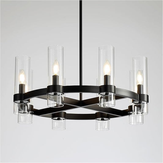 26 Inch Black Cross Wagon Wheel Chandelier with Glass Shades, 8 Lights X-Frame Farmhouse Chandelier, Modern Rustic Pendant Light for Dining Room, Kitchen Island, Entryway