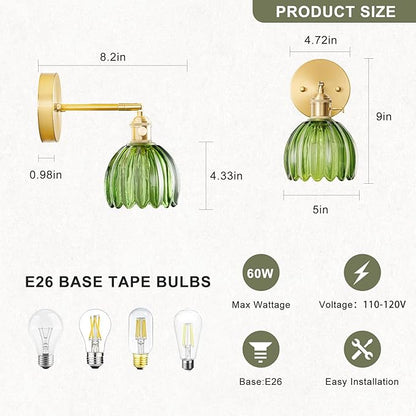 Hardwired Wall Sconce Light, Vintage Wall Sconce with Switch, Gold Wall Light Fixture with Tulip Green Glass Lampshade, Indoor Wall Light for Bedroom Bathroom, Bedside Wall Lamp