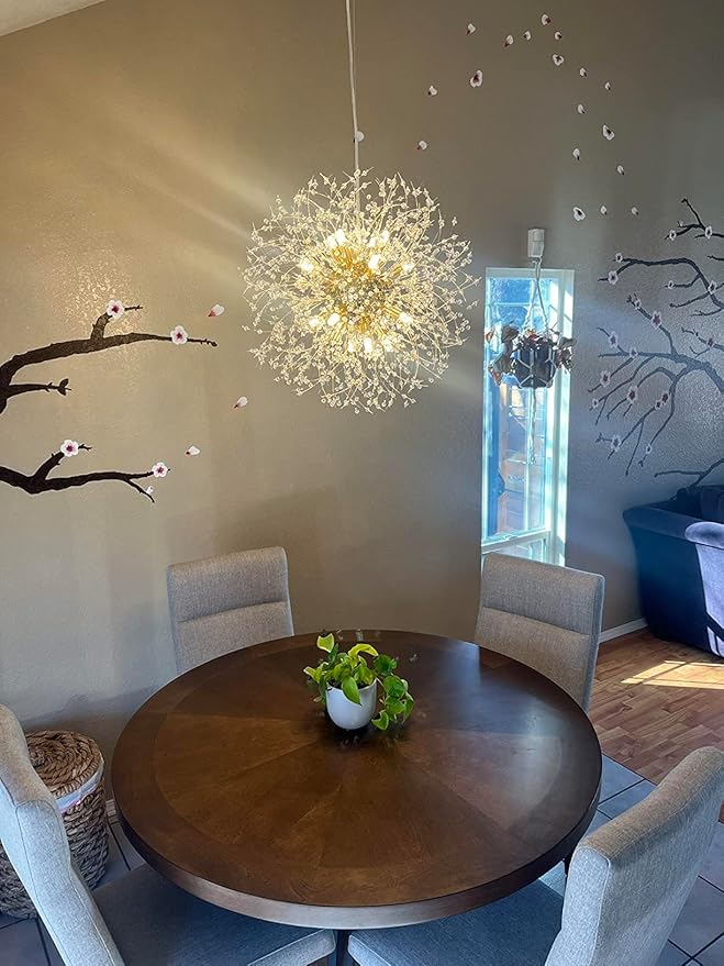 Modern Dandelion Firework Chandelier, Gold Dining Room Chandelier, Crystal Hanging Pendant Lighting Fixture for Living Room, Bathroom, Bedroom, Restaurant, 16-Light
