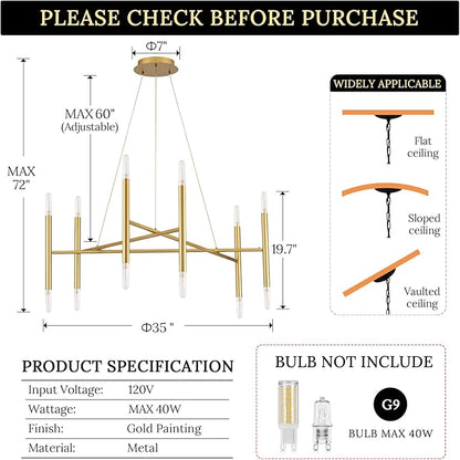 Gold Chandelier Light Fixture, 12-Light Brassy Gold Chandelier for Dining Room 35" Geometric Hanging Chandeliers Mid-Century Light Fixture for Entry Kitchen Bedroom, G9
