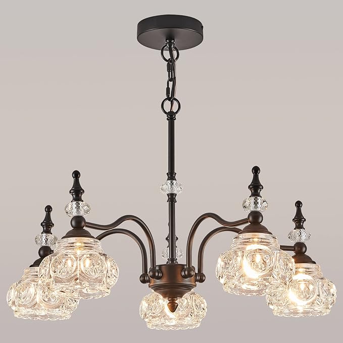 Vintage 5-Light Chandelier Black Kitchen Pendant Light Fixtures Finish with Crystal Glass Shade for Living Room Dining Room Bedroom Chandelier Over Table