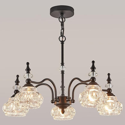 Vintage 5-Light Chandelier Black Kitchen Pendant Light Fixtures Finish with Crystal Glass Shade for Living Room Dining Room Bedroom Chandelier Over Table