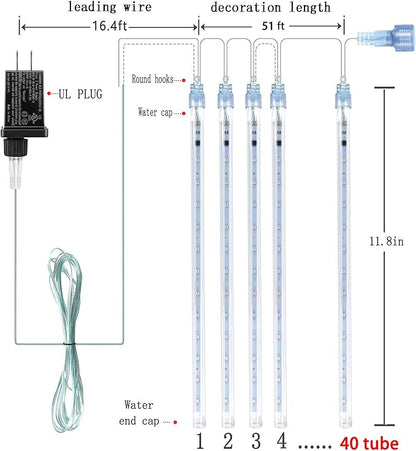 Kwaiffeo Multicolor Icicle Lights Outdoor, Waterproof 40-Tube Meteor Shower Lights for Christmas New Year Party Outside Decor, Equivalent to 5 Sets of 8-Tubes