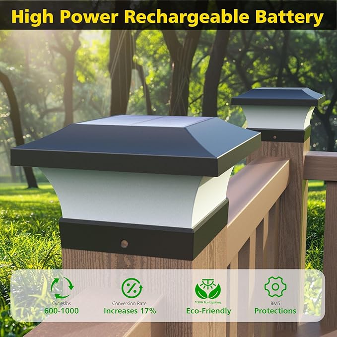 T-SUN Solar Post Lights, Outdoor Waterproof Solar Post Cap Lights for 4X4, 5X5, 6X6 Wooden Posts，6000K White LED Lighting, Deck, Patio Garden Decor or Fence(6 Pack)