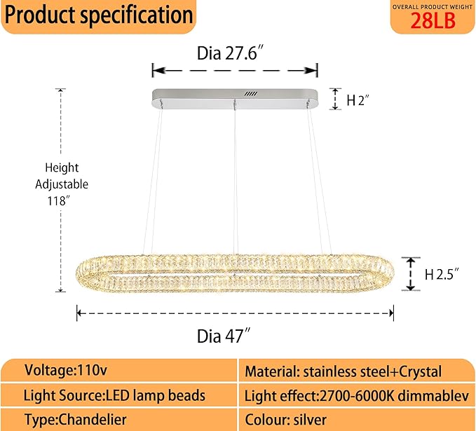 Crystal Ring Chandelier for Living Room, Modern Linear Oval Chandeliers for Dining Room 47.2'' Chrome Ring Pendant Light for Kitchen Island Dimmable 3000K-6000K