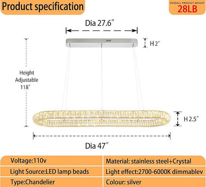 Crystal Ring Chandelier for Living Room, Modern Linear Oval Chandeliers for Dining Room 47.2'' Chrome Ring Pendant Light for Kitchen Island Dimmable 3000K-6000K