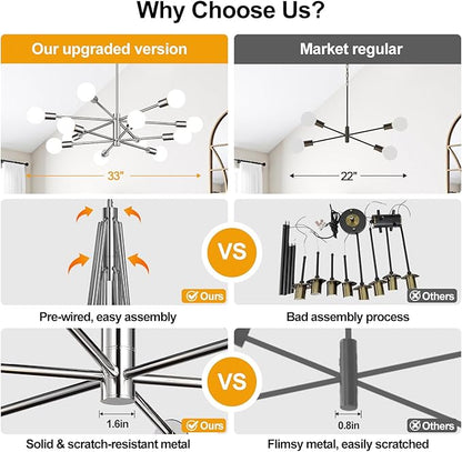 MQMQA 33" Modern Chandelier Ceiling Light Fixture, 12-Light Sputnik Chandeliers Chrome Mid Century Chandelier Over Table, Height Adjustable Chandeliers for Dining Room Living Room Kitchen