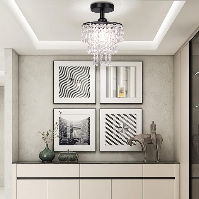 FRIXCHUR Small Crystal Chandelier Flush Mount Ceiling Light 3 Tiers Raindrops Crystal Chandeliers for Bedroom Hallway Foyer Living Room Entryway Closet, Black