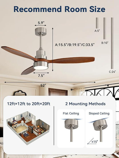 Sofucor 52 Inch Solid Wood Smart Ceiling Fans with Lights and Remote, Works with App/Alexa/Google, 6-Speed Outdoor Ceiling Fan with Light, 3 Blade Ceiling Fan, Quiet DC Motor for Living Room Patio