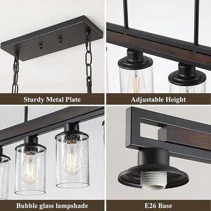 Farmhouse Dining Room Light Fixture, 4-Light Wood Kitchen Island Lighting for Dining Room Over Table, Black Adjustable Pendant Light with Seeded Glass Shades, Linear Chandeliers Lighting for Kitchen