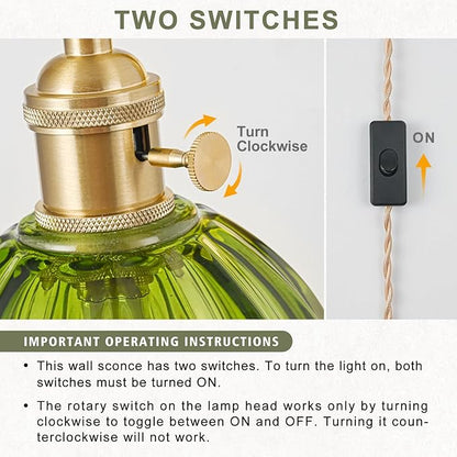 Plug in Wall Sconces Set of 2, Vintage Wall Sconce Light with Tulip Green Glass Lampshade, Bedroom Wall Sconce with Switch and Plug in wall lamp Cord, Gold Wall Light Wall Decor Set of 2