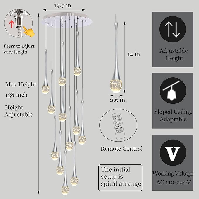 Modern Crystal Staircase Chandelier Polished Chrome 12-Lights, H120'' Large High Ceiling Spiral Dimmable LED Raindrop Foyer Entryway Light Fixture Remote Control