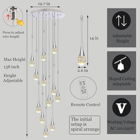 Modern Crystal Staircase Chandelier Polished Chrome 12-Lights, H120'' Large High Ceiling Spiral Dimmable LED Raindrop Foyer Entryway Light Fixture Remote Control