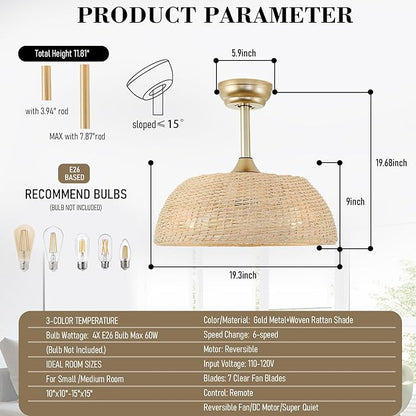 19.3" Rattan Caged Ceiling Fan with Lights 4-Lights Boho Flush Mount Bamboo Fandelier with Remote Reversible Farmhouse Wicker Fan Chandelier for Bedroom Living Room Dining Room Entryway