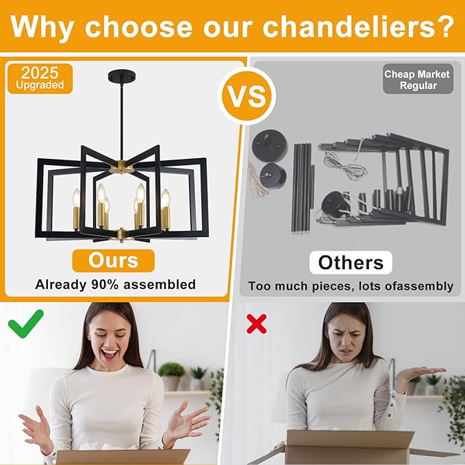 27.6" Modern Black and Gold Chandelier for Dining Room, 8-Light Easy To Install Farmhouse Dining Room Light Fixture Over Table, Industrial Hanging Pendant Lights for Kitchen Island, Foyer, Entryway
