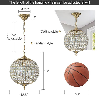 Gold Globe Crystal Chandelier, 12.6" Vintage Sphere Globe Chandelier Pendant Light Small Flush Mount Ceiling Light for Foyer Entryway Hallway Dining Room
