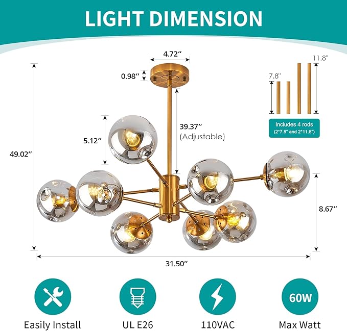 DDLLDESHI Gold Chandelier 8 Head Dining Room Light Fixture, Sliver Glass Globe Shade Kitchen Lights Modern Chandeliers (Ceiling Hanging Lighting Fixtures with Sputnik Pendant)