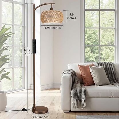 Ambimall Arc Floor Lamp for Living Room with Remote, Color Temperature & Brightness Adjustable, Bohemia Standing Lamp with Rattan & Fabric Double Drum Shades, Bulb Included(Brown)