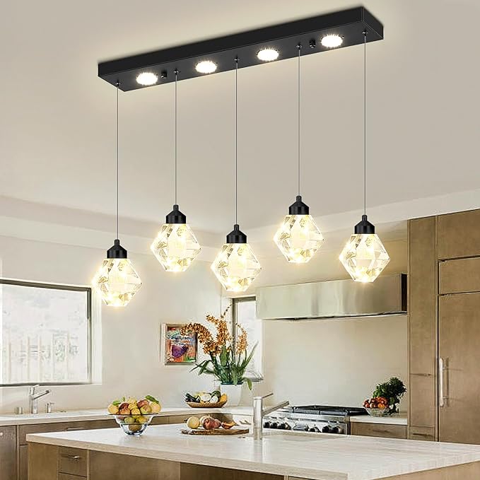 5-Lights Rectangular Pendant Light LED Dimmable Linear Crystal Chandelier Modern Rectangular Chandeliers for Dining Room Bedroom Black Hanging Light
