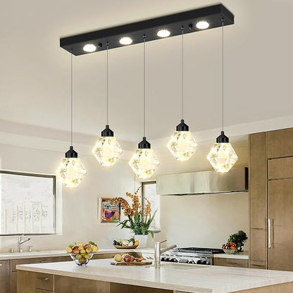 5-Lights Rectangular Pendant Light LED Dimmable Linear Crystal Chandelier Modern Rectangular Chandeliers for Dining Room Bedroom Black Hanging Light