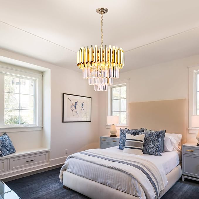 FRIXCHUR Gold Crystal Chandelier 15.7 Inch 5 Light Modern Pendant Light Fixture with Adjustable Chain E12 Base for Dining Room Foyer Bedroom Kitchen