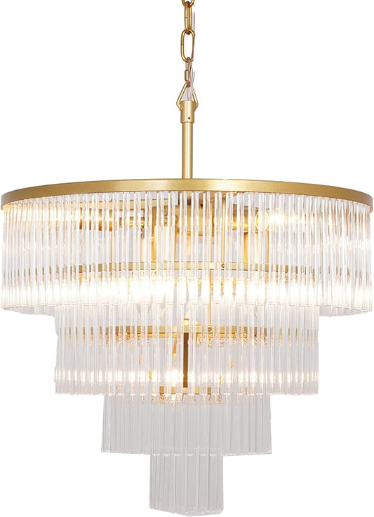 Modern Multi-Tier Crystal Chandelier 4-Tier Round Gold Finish Ceiling Light -Cylindrical Glass Rods -Dining Room Living Room Bedroom Entryway -Luxury Lighting Fixture 20''