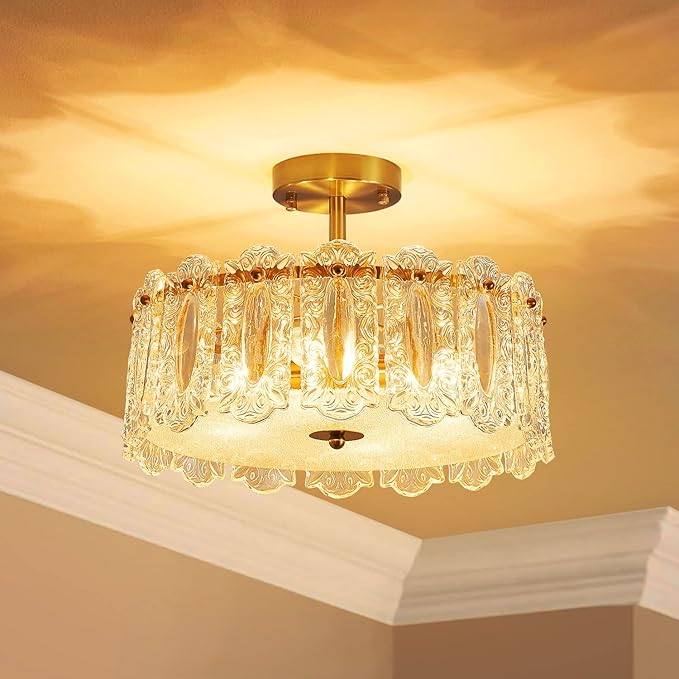 AGV LIGHTING Elegant Glass Chandelier Ceiling Light Fixture, Semi Flush Mount Ceiling Light for Bedroom, Modern Vintage Lighting, D15 x H10, Brass Gold Finish