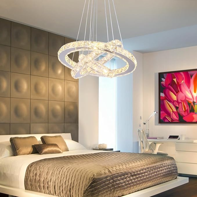 Modern Dimmable LED Chandelier 3 Rings Crystal Chandelier with Remote Stainless Steel Adjustable Pendant Light for Living Dining Room Bedroom