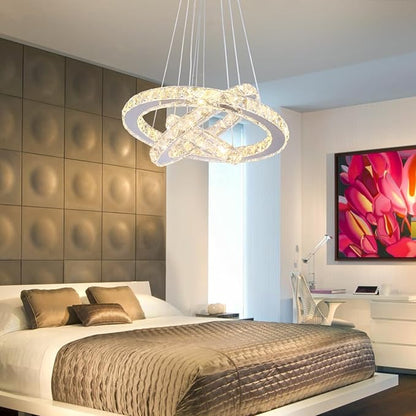 Modern Dimmable LED Chandelier 3 Rings Crystal Chandelier with Remote Stainless Steel Adjustable Pendant Light for Living Dining Room Bedroom