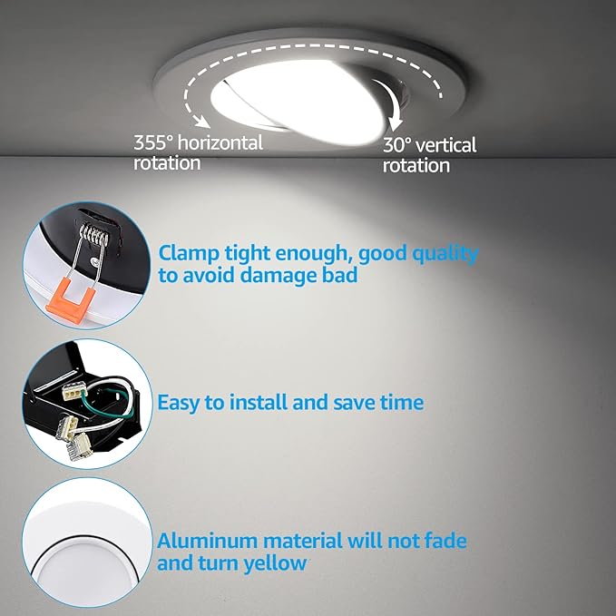 TORCHSTAR 6 Inch Gimbal LED Recessed Lighting with Junction Box, 13.5W IC Rated Air Tight Directional Swivel Downlight, CRI90+ Dimmable Canless LED Recessed Light, 5000K, ETL, Pack of 4