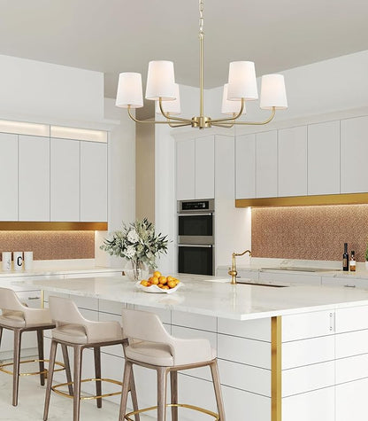 6-Light Brushed Gold Pendant Chandelier with White Linen Shades, E12 Base - Farmhouse & Industrial Style for Kitchen, Living Room, Dining Room, or Bedroom Lighting