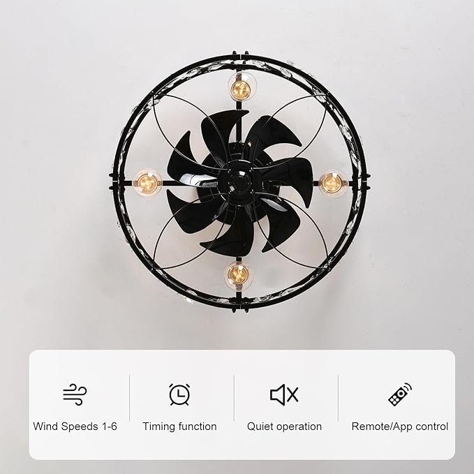 Garwarm 20in Caged Ceiling Fan with Light,Rustic Industrial Ceiling Fans with Lights and Remote,Bladeless Black Fandelier Ceiling Fan,Flush Mount Fan Lights for Kitchen,Bedroom（6 Speed,Timing）