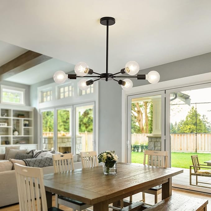 UOFUS Sputnik 6 Light Chandelier Black Mid Century Ceiling Light Fixture Modern Pendant Lighting for Kitchen Dining Room Living Room Bedroom