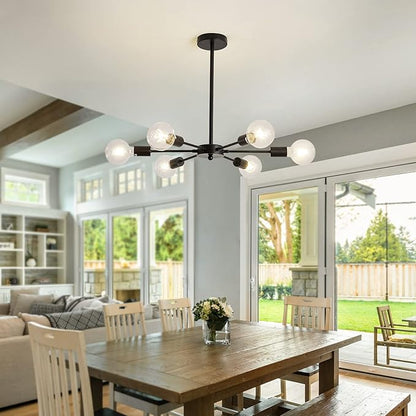 UOFUS Sputnik 6 Light Chandelier Black Mid Century Ceiling Light Fixture Modern Pendant Lighting for Kitchen Dining Room Living Room Bedroom