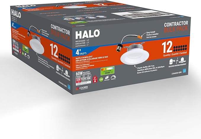 HALO LTE 4 in Indoor/Outdoor Recessed LED Trim Can Light 12-Pack, 3000K Soft White, 600 Lumens, Wet Location, Dimmable, Energy Star Certified, Air-Tite Rated - LTE46930-12PK