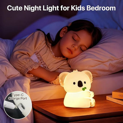 Cute Koala Night Light for Kids Rechargeable, Battery Operated Nightlight 3 Level Dimmable with RGB&Timer, Silicone Touch Nursery Lamp for Baby Girls Boys Bedroom Gifts