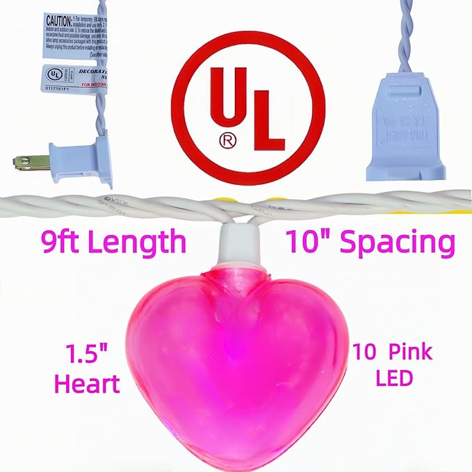 Pink Heart Decorative Lighting String, 10 Count Pink LED and 9 FT White Wire, for Valentine’s Day, Mother’s Day, Father’s Day, Birthdays.
