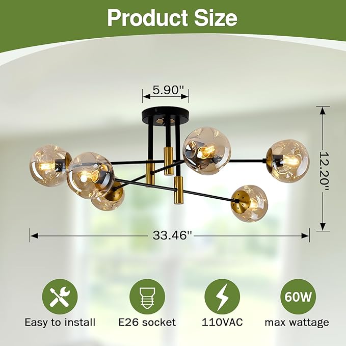 6-Lights Sputnik Ceiling Light Fixture Mid Century Modern Glass Globe Flush Mount Chandelier Black and Gold Farmhouse Lighting for Living Room Dining Room Bedroom Kitchen