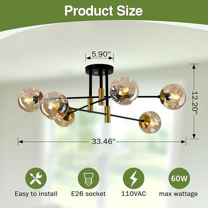 6-Lights Sputnik Ceiling Light Fixture Mid Century Modern Glass Globe Flush Mount Chandelier Black and Gold Farmhouse Lighting for Living Room Dining Room Bedroom Kitchen